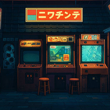 illustrated Japanese retro arcade with glowing signage, vintage game cabinets, and warm blue lighting.