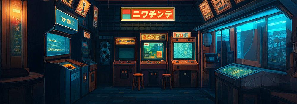 illustrated Japanese retro arcade with glowing signage, vintage game cabinets, and warm blue lighting.