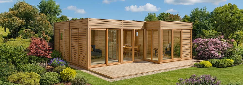 Contemporary L-shaped garden room with natural timber cladding and large glass doors, set on a landscaped lawn with flowering plants and a bright blue sky.
