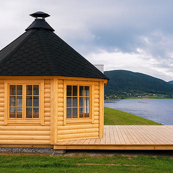 Octagonal wooden cabin with black roof on lakeside deck overlooking water and forested hills.