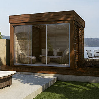 Modern lakeside garden room with wooden deck, sun lounger, and red grill in elegant patio setting.
