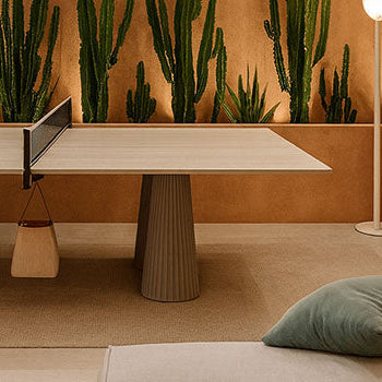 lightwood ping pong table in a desert-style lounge with sculptural cacti, soft lighting, and neutral furnishings.