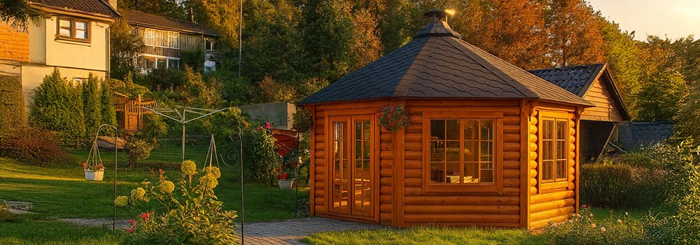 Cozy log cabin garden room surrounded by flowers and trees at golden hour.