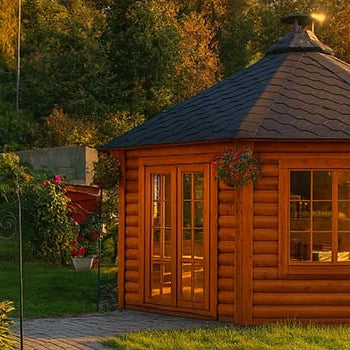 Cozy log cabin garden room surrounded by flowers and trees at golden hour.