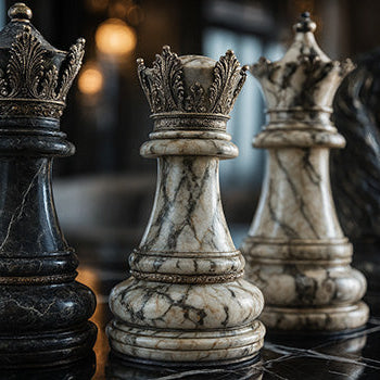Luxury marble chess pieces with ornate crowns on glossy board in upscale lounge.