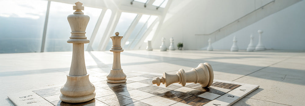 Oversized luxury wooden chess pieces in a sunlit modern atrium with geometric glass walls.