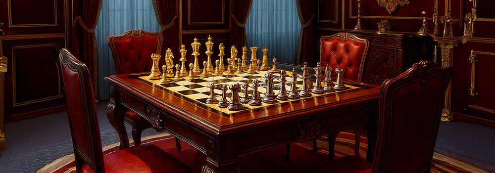 Ornate luxury chess set on carved wood table in regal room with red velvet drapes and chandelier