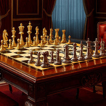 Ornate luxury chess set on carved wood table in regal room with red velvet drapes and chandelier