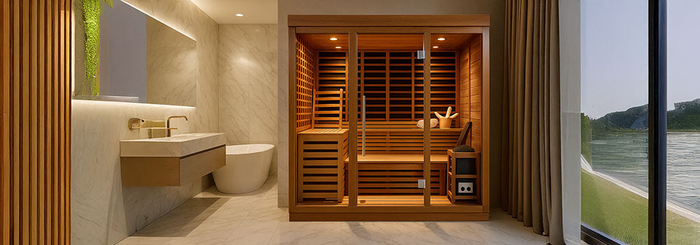 Luxury indoor sauna in an elegant bathroom with marble walls, freestanding bathtub, and gold faucet.