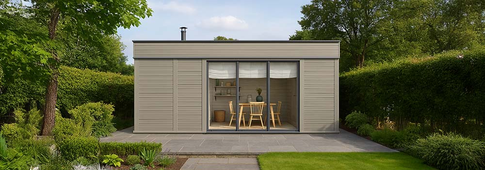 Modern garden room with light grey wood cladding and large glass doors in a cozy landscaped backyard.