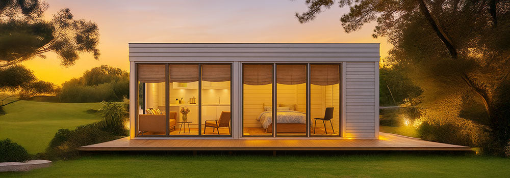 Modern garden room with glass front overlooking lake at sunset with warm interior lighting.