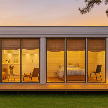 Modern garden room with glass front overlooking lake at sunset with warm interior lighting.