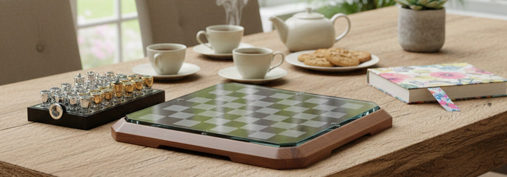 Modern glass chess set with gold and silver pieces placed beside a minimalist board on a wooden dining table, surrounded by tea set, books, and bright garden views.