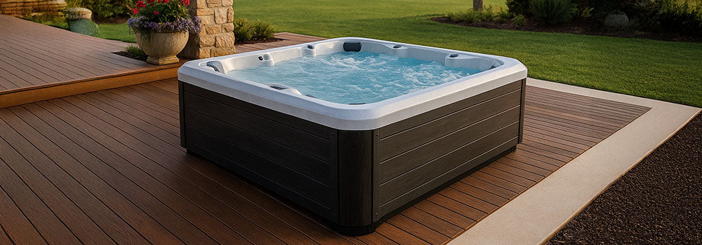 Sleek square hot tub on a modern wooden deck with garden views and stone pillar.