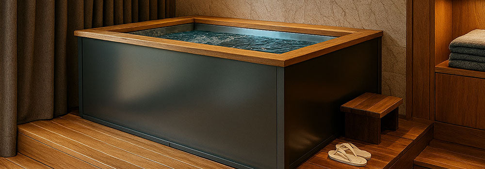 Modern ice bath in luxurious spa room with wooden floors, soft lighting, and towel shelving.