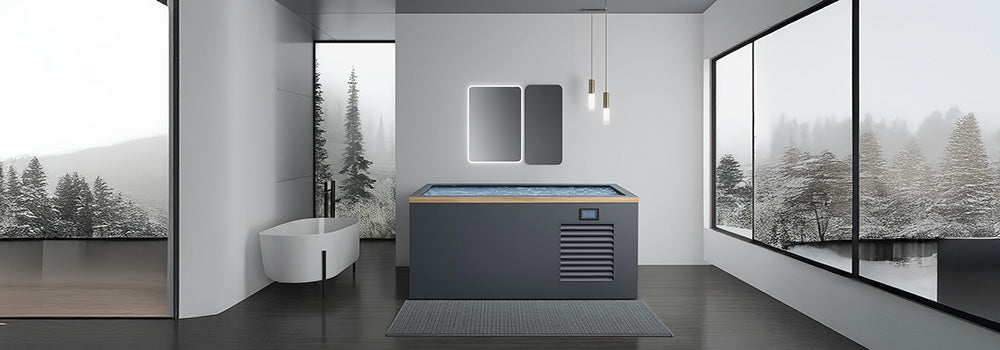 Sleek modern ice bath with wood trim in a minimalist luxury bathroom.