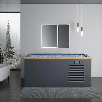 Sleek modern ice bath with wood trim in a minimalist luxury bathroom.