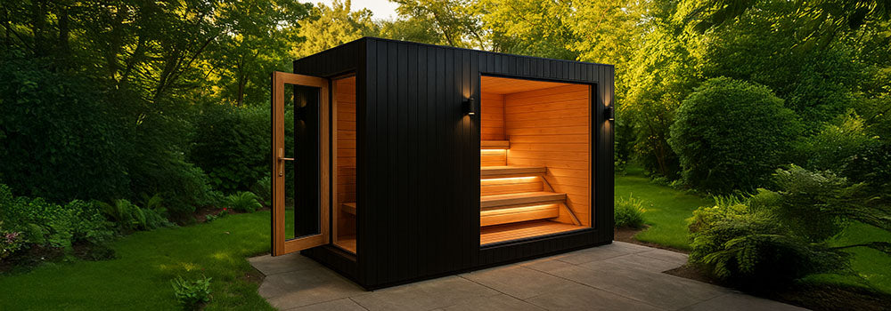 Modern outdoor black-clad sauna with large glass window and warm interior lighting in a lush garden at sunset.