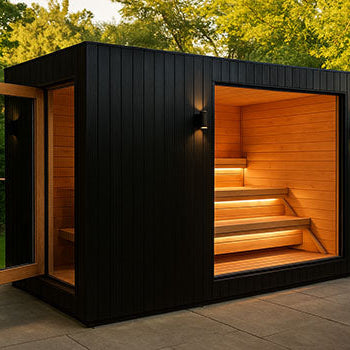 Modern outdoor black-clad sauna with large glass window and warm interior lighting in a lush garden at sunset.