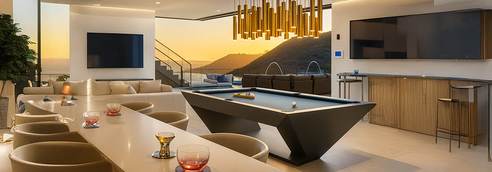 geometric modern pool table in luxury lounge with ocean view at sunset and golden pendant lights.