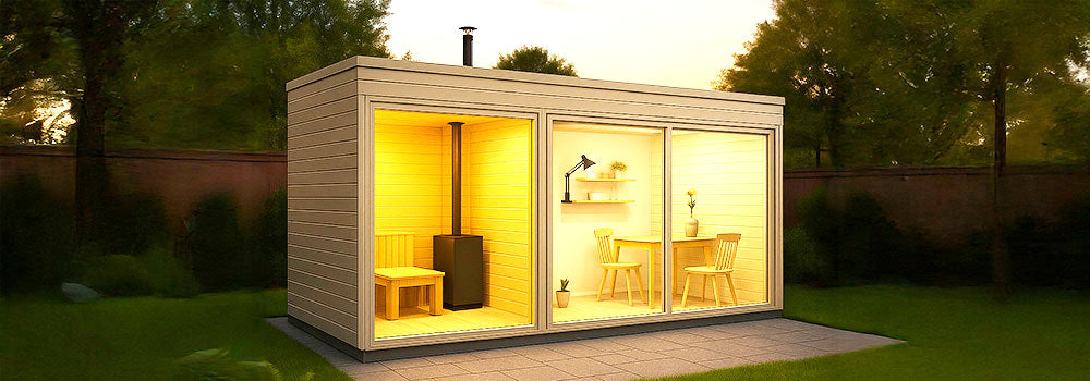Modern dual-use sauna and garden office pod glowing warmly at sunset on a stone patio in a landscaped yard.