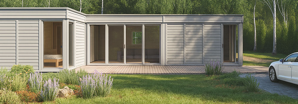 Modern L-shaped garden room with large glass doors, set in a lush green landscape with flowering plants and forest backdrop.