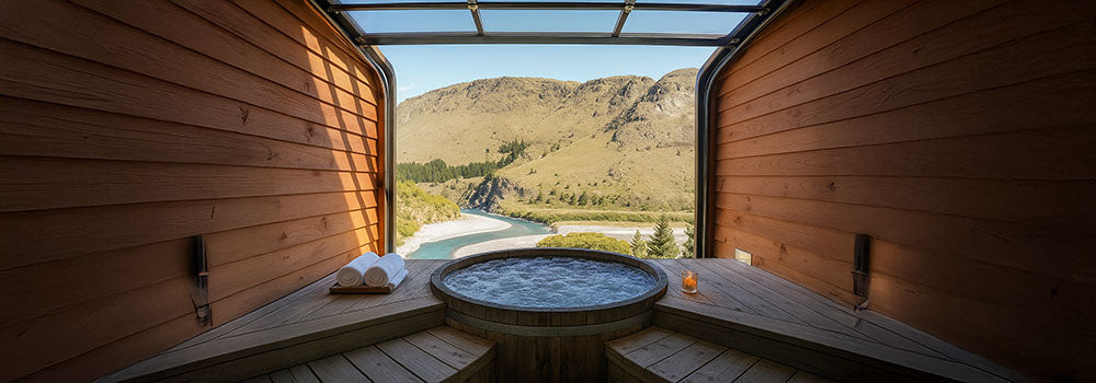 Round wooden hot tub bubbling in open-air suite overlooking river valley and mountains.