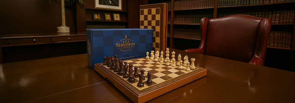 Official Staunton wooden chess set displayed in a refined library office, with rich wood tones, leather chair, book-lined shelves, and branded box in the background.