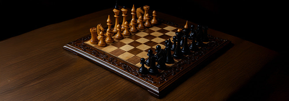 Ornate wooden chess set with carved border and classic black and tan pieces on a polished table in soft, warm lighting.