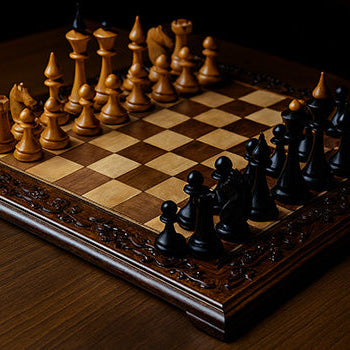 Ornate wooden chess set with carved border and classic black and tan pieces on a polished table in soft, warm lighting.
