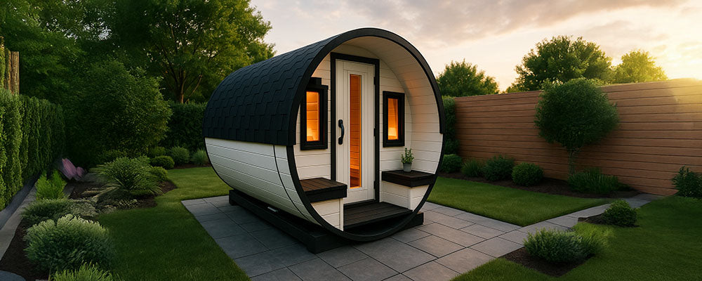 Modern white and black outdoor barrel sauna on a contemporary stone patio in a lush backyard at sunset.
