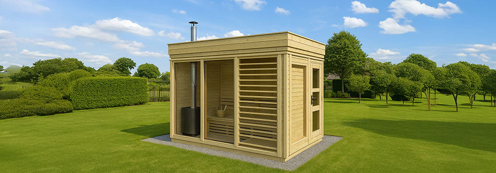 Light wood outdoor sauna with chimney in a sunny green garden with trees and blue sky.