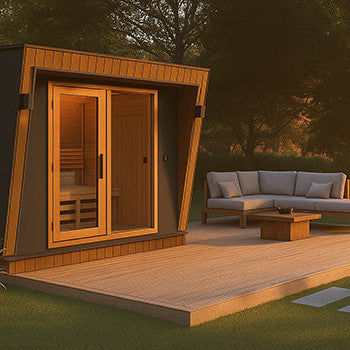 Contemporary outdoor sauna cube on a wooden deck with modern seating area, surrounded by lush greenery and bathed in soft sunset light.