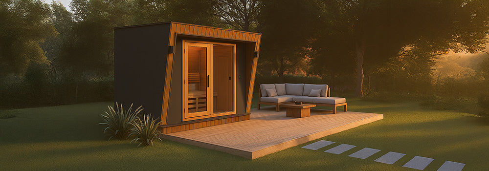 Contemporary outdoor sauna cube on a wooden deck with modern seating area, surrounded by lush greenery and bathed in soft sunset light.