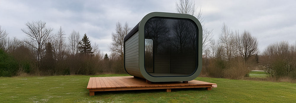 Curved outdoor sauna cabin with tinted glass on a wooden deck in a rural autumn landscape.