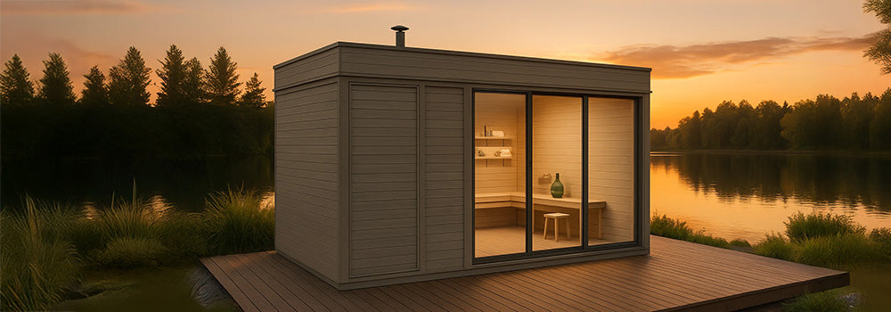 Modern outdoor sauna cabin on a lakeside deck at sunset, surrounded by calm water and lush greenery, with warm interior lighting visible through large glass doors.