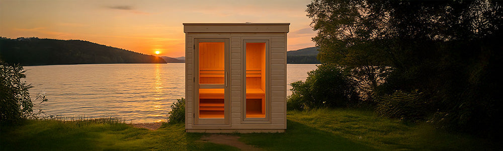 Front-facing wooden outdoor sauna by lakeside at sunset with warm glowing interior and scenic mountain backdrop.