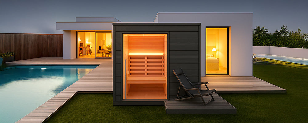 Sleek outdoor sauna on a modern backyard deck with a swimming pool and minimalist white house at twilight.