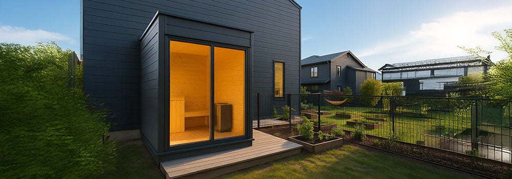 Modern outdoor sauna with glass front on a wooden deck in a suburban garden at sunset.