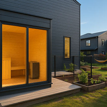 Modern outdoor sauna with glass front on a wooden deck in a suburban garden at sunset.