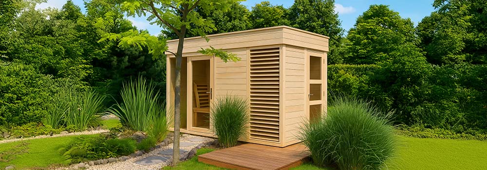 Light wood outdoor sauna on a garden deck surrounded by lush greenery and gravel path on a sunny day.