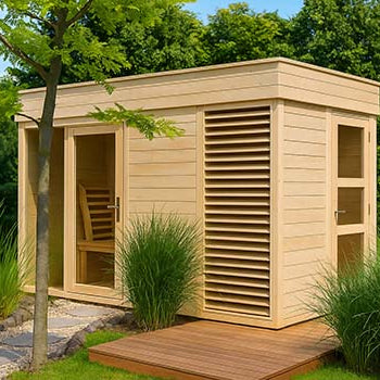Light wood outdoor sauna on a garden deck surrounded by lush greenery and gravel path on a sunny day.