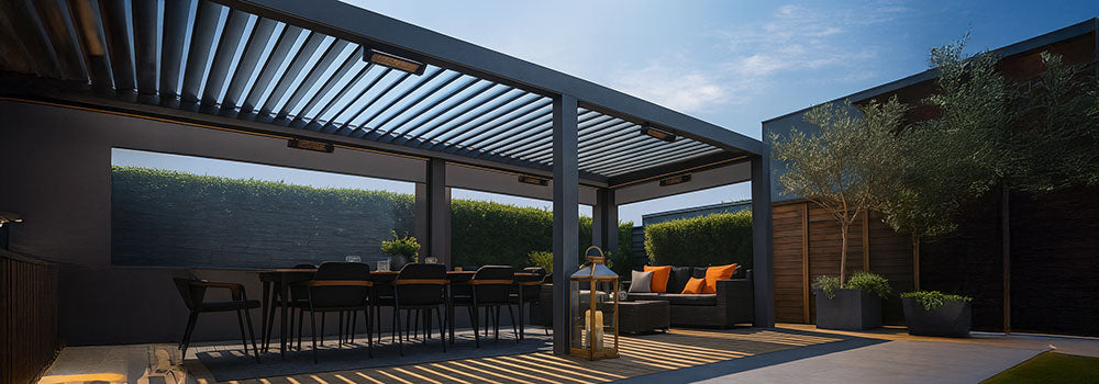 Contemporary pergola over outdoor dining and lounge area with lanterns and rattan sofa on modern patio.
