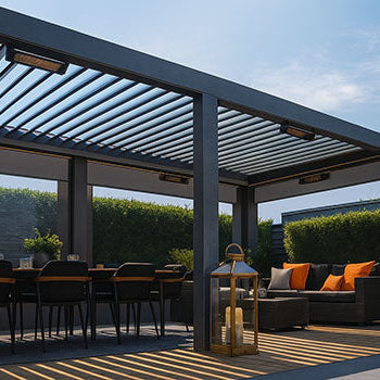 Contemporary pergola over outdoor dining and lounge area with lanterns and rattan sofa on modern patio.