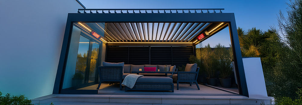 Luxury pergola with LED lighting, infrared heaters, and modern lounge seating at dusk.