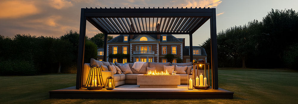 Luxury pergola with fire pit and lanterns in front of a Georgian manor at sunset.