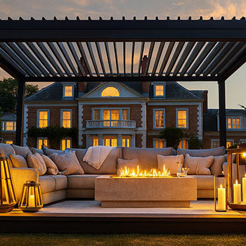 Luxury pergola with fire pit and lanterns in front of a Georgian manor at sunset.