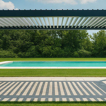 Minimalist pergola with louvered roof beside a private pool in a sunny green garden.