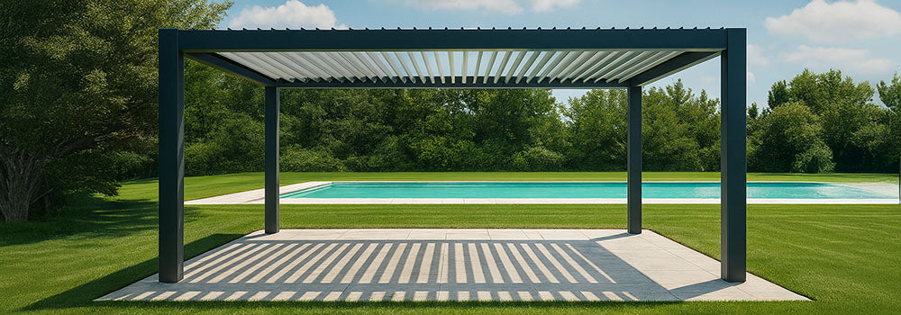 Minimalist pergola with louvered roof beside a private pool in a sunny green garden.
