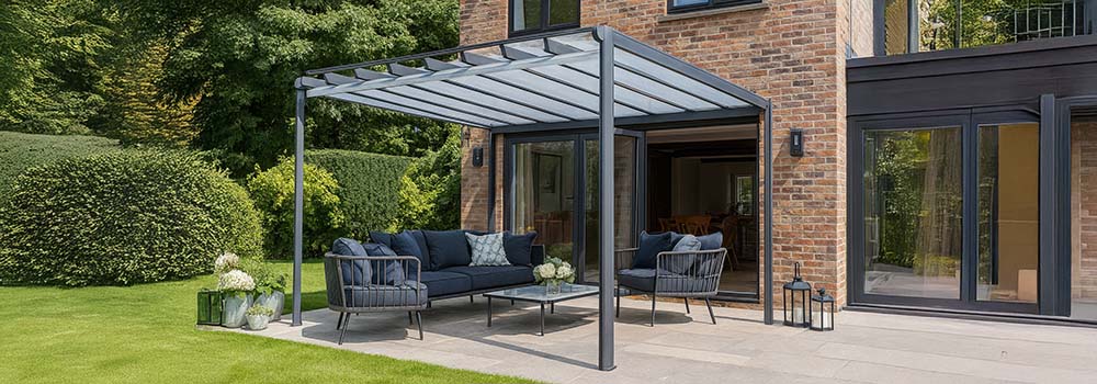 Modern pergola with translucent roof and navy seating set on a stone patio beside a red brick home and green garden.